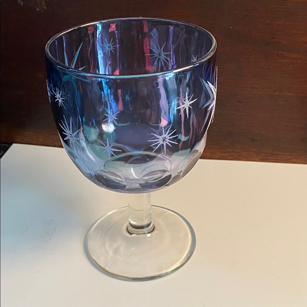 Midcentury Blue Atomic Starburst Vintage Glass Goblet